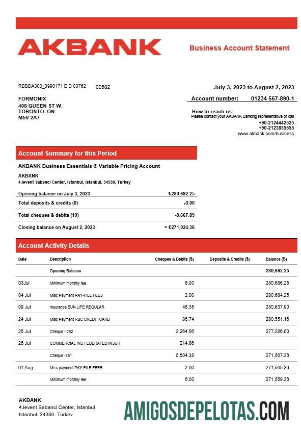 Baixável Akbank Enterprise modelo de extrato de conta Word e PDF